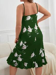 Cộng với Váy ngủ Pyjama Ruffle Hem Cami in hoa - Màu xanh lá cây đậm - Xem 2