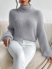 Chiquease Turtleneck Drop Shoulder Fluffy Knit Sweater,Long Sleeve Tops Knit Pullover Fall Winter Sweater - Grey - View 3
