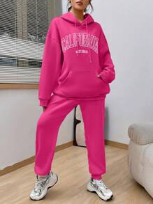 SHEIN Unity 字母圖案袋鼠口袋落肩袖抽繩連帽衫和運動褲 - 玫紅色 - 查看 4