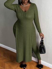 Slaydiva 大碼下擺開叉長款T恤&緊身打底褲 - 軍綠色 - 查看 3