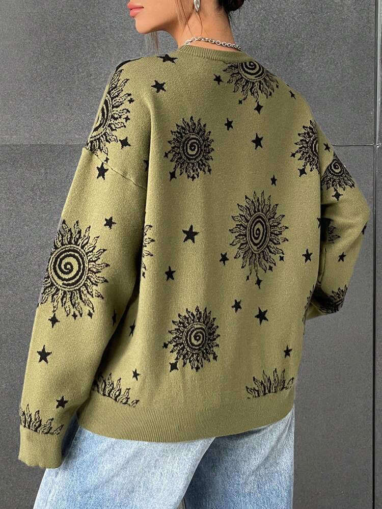 Star & Floral Pattern Drop Shoulder Sweater