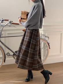 Dazy Star Chân váy xòe họa tiết kẻ caro cạp cao, trang phục mùa thu - màu nâu - Xem 6