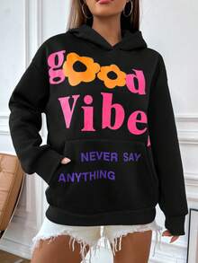 SHEIN Unity Khẩu hiệu & Đồ họa hoa Túi kangaroo Thả vai Hoodie - màu đen - Xem 3