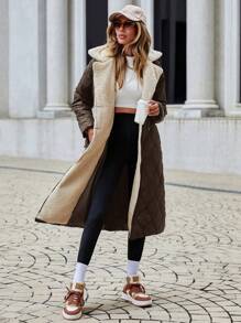 SHEIN Cottnline Women's Brown Fluffy Thermal Turn-down Collar Padded Coat - Chocolate Brown - View 1