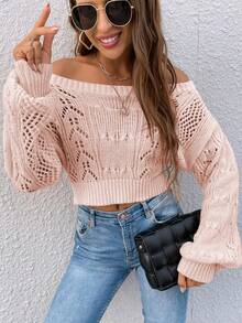 SHEIN Essnce Off Shoulder Lantern Sleeve Pointelle Knit Crop Sweater - Pink - View 5