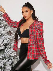 SHEIN SXY 格子呢圖案羊腿袖拉鏈開襟荷葉邊下擺夾克 - 紅色 - 查看 7