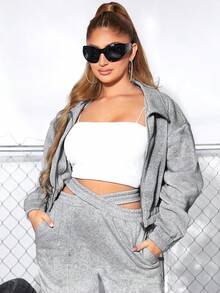 SHEIN SXY 拉鏈開襟短款運動衫 - 灰色 - 查看 5