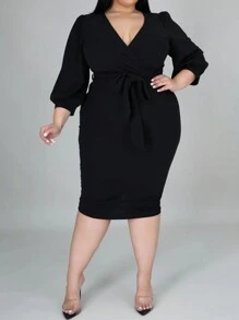 SHEIN Clasi 大碼交疊領腰帶緊身洋裝 - 黑色 - 查看 5