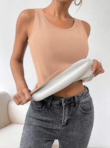 SHEIN Essnce Solid Ribbed Knit Thermal Tank Top - Khaki - View 1