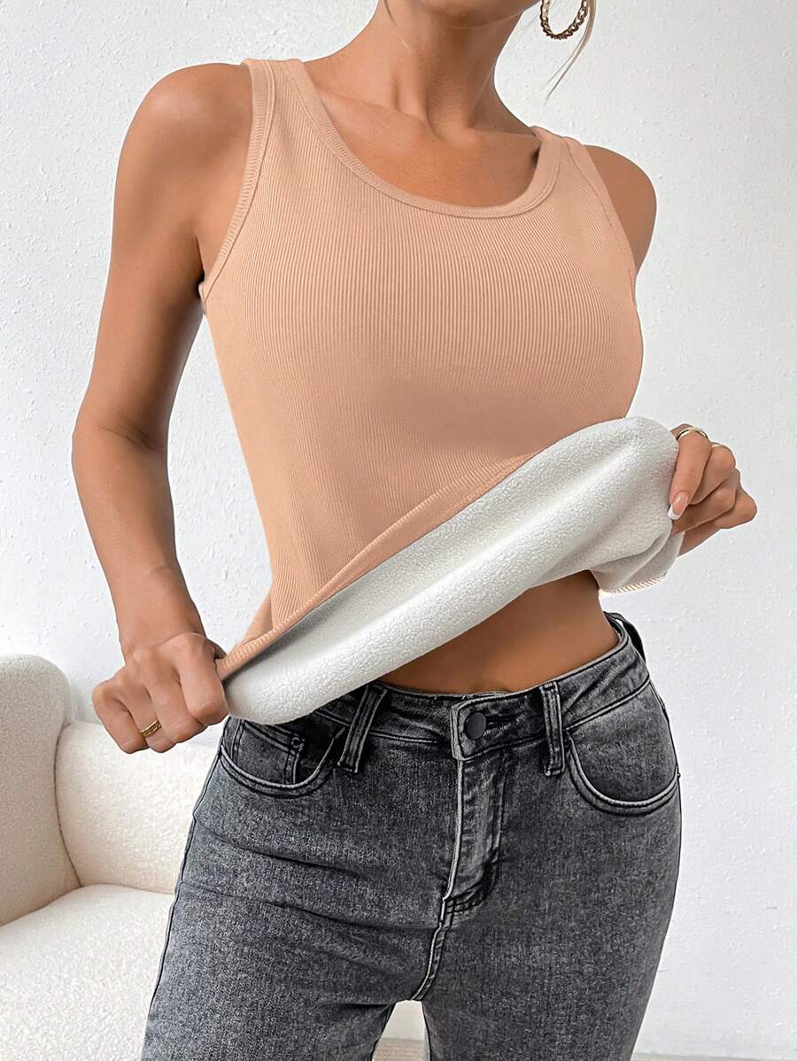 SHEIN Essnce Solid Ribbed Knit Thermal Tank Top - Khaki - View 1