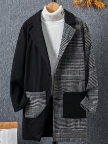 SHEIN Tween Boy 1pc Contrast Plaid Dual Pocket Lapel Neck Overcoat