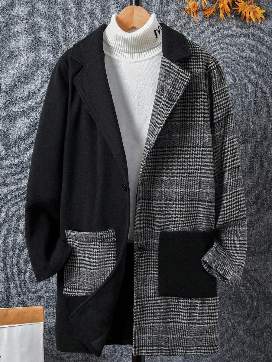 SHEIN Tween Boy 1pc Contrast Plaid Dual Pocket Lapel Neck Overcoat