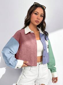 SHEIN EZwear Áo khoác ngắn cài nút có túi vá chữ bằng vải nhung kẻ cho mùa thu/đông - Nhiều màu - Xem 4