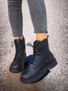 秋冬新款保暖内衬短靴，英伦风时尚百搭女鞋，保暖，黑色，系带和侧拉链设计，圆头高帮靴，厚底 - 黑色 - 查看 2