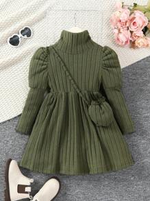 SHEIN 女小童高領羊腿袖洋裝附包