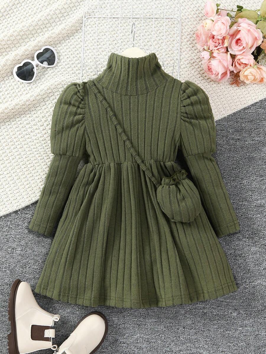 SHEIN 女小童高領羊腿袖洋裝附包