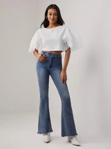 ASH Solid Butterfly Sleeve Crop Top - White - View 3