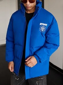 Claim Dot Loose Fit Men's Padded Coat With Letter Print - Blue - View 7