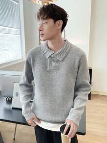 Manfinity Hypemode 男士翻領半拉鍊針織毛衣 - 灰色 - 查看 4