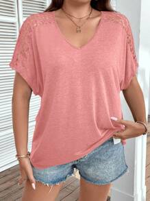 EMERY ROSE Plus Contrast Lace Batwing Sleeve Tee - Pink - View 5