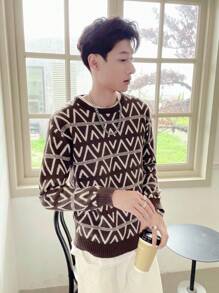 Claim Dot Men's Geometric Pattern Sweater - Coffee Brown - View 3
