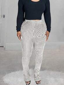 Autumn/Winter Knitted Striped High Stretch Pants, Furry Texture Slouchy Trousers