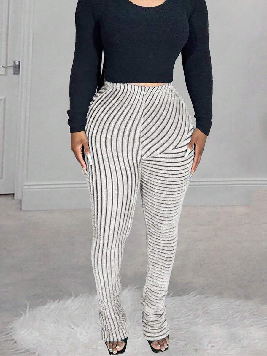 Autumn/Winter Knitted Striped High Stretch Pants, Furry Texture Slouchy Trousers