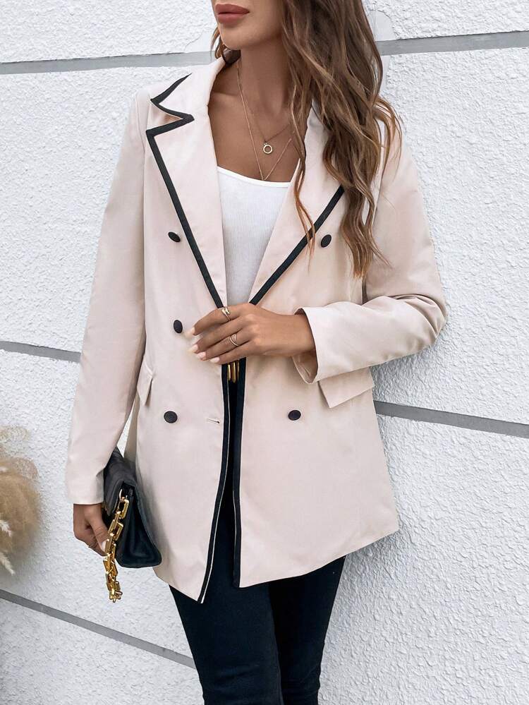 Contrast Binding Double Breasted Belted Trench Coat