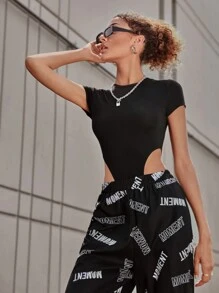 SHEIN EZwear High Leg Solid Bodysuit - Black - View 1