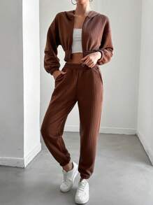 EURMUSE 2pcs Women Casual Zip-Up Hoodie Pullover Set - Brown - View 3