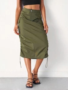 SHEIN Essnce Flap Pocket Drawstring Waist Cargo Skirt - Army Green - View 4