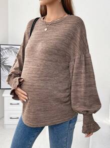 SHEIN Maternity Marled Knit Flounce Sleeve Tee - Brown - View 1