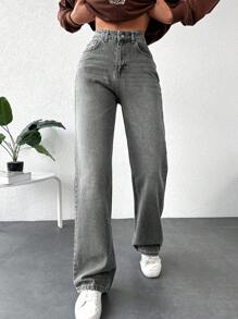 Cottnline High Waist Straight Leg Washed Denim Pants - Grey - View 1