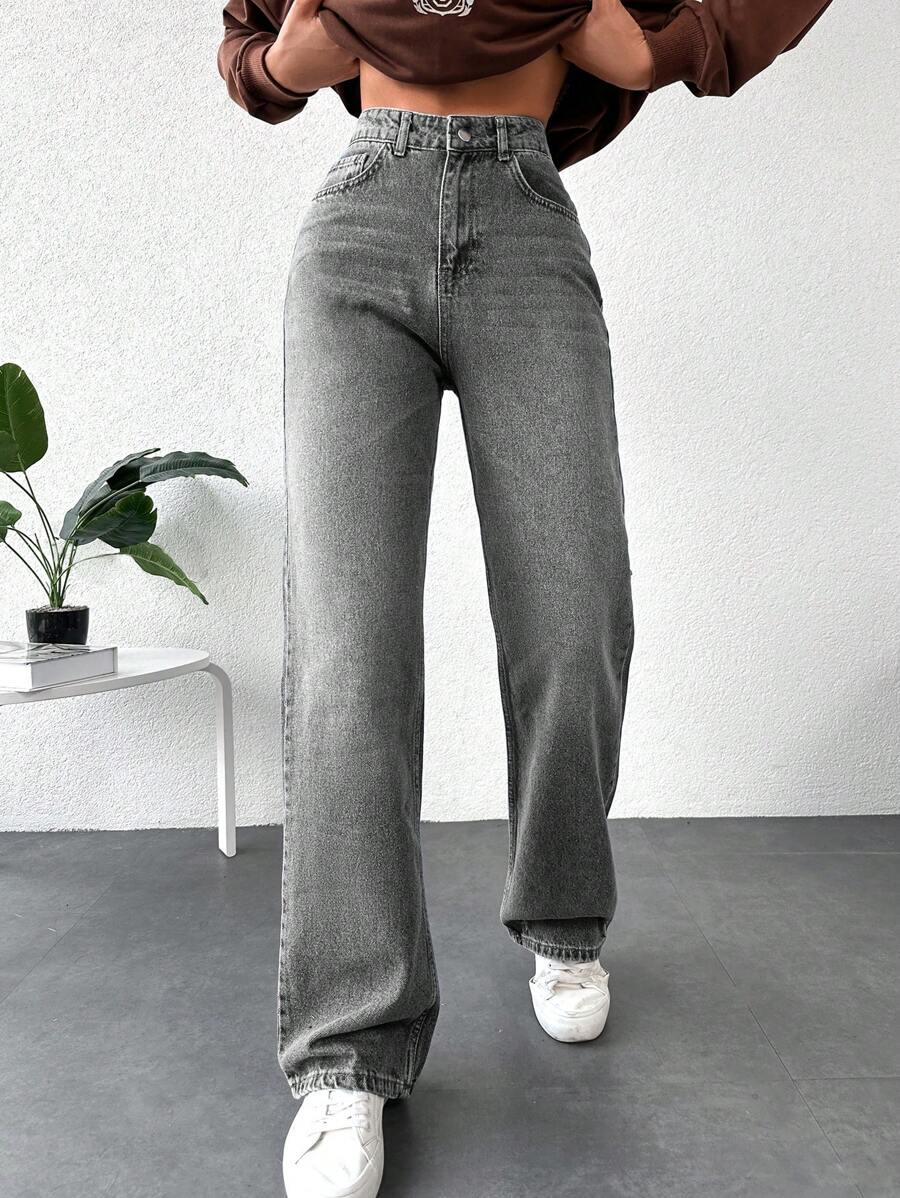 Cottnline High Waist Straight Leg Washed Denim Pants - Grey - View 1