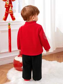 男宝宝或女宝宝中国新年立领不对称门襟夹克和裤子，采用拼色保暖衬里两件套 - 紅色 - 查看 2