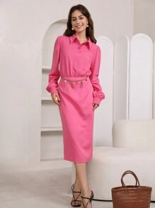 SHEIN Privé 素色前紐扣洋裝不附腰帶 - 粉色 - 查看 7