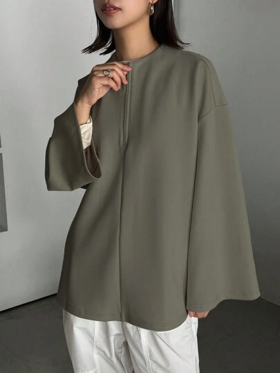 FRIFUL Solid Zipper Front Drop Shoulder Tee,Fall Clothes Long Sleeve Women Tops