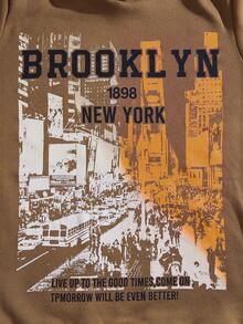 ROMWE MEN Street Life Guys Street View And Slogan Graphic Drawstring Thermal Lined Hoodie - Brown - View 4