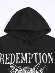 ROMWE MEN Goth Nam Đồ họa chữ và số Dây rút Hoodie - màu đen - Xem 3