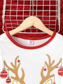 青少年女孩聖誕印花對比邊框上衣和格紋褲子緊身睡衣套裝 - 紅色 - 查看 5