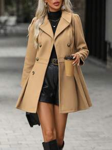 Chiquease Lapel Neck Double Breasted Fold Pleated Detail Overcoat - Khaki - View 3