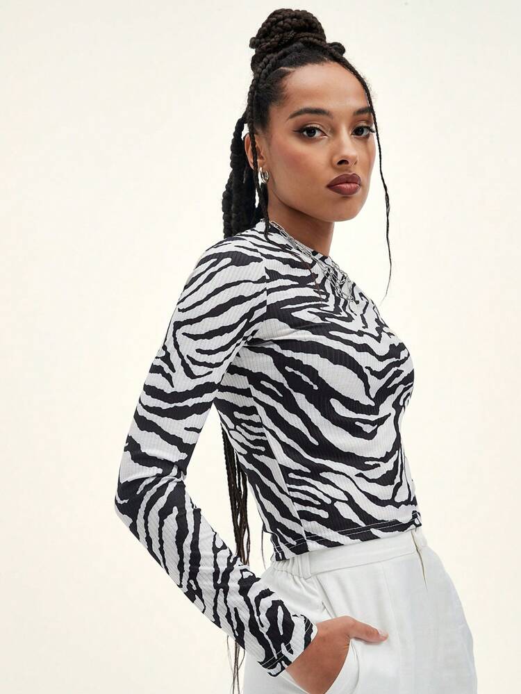 Zebra Striped Ribbed Knit Tee,Fall Clothes