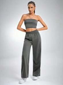 SHEIN EZwear 素色抹胸上衣和闊腿褲 - 深灰色 - 查看 3