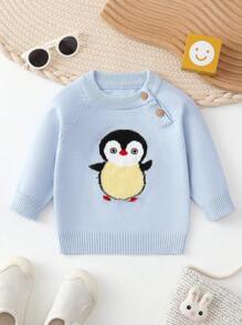 Baby Boy Penguin Pattern Raglan Sleeve Button Detail Sweater - Blue - View 1