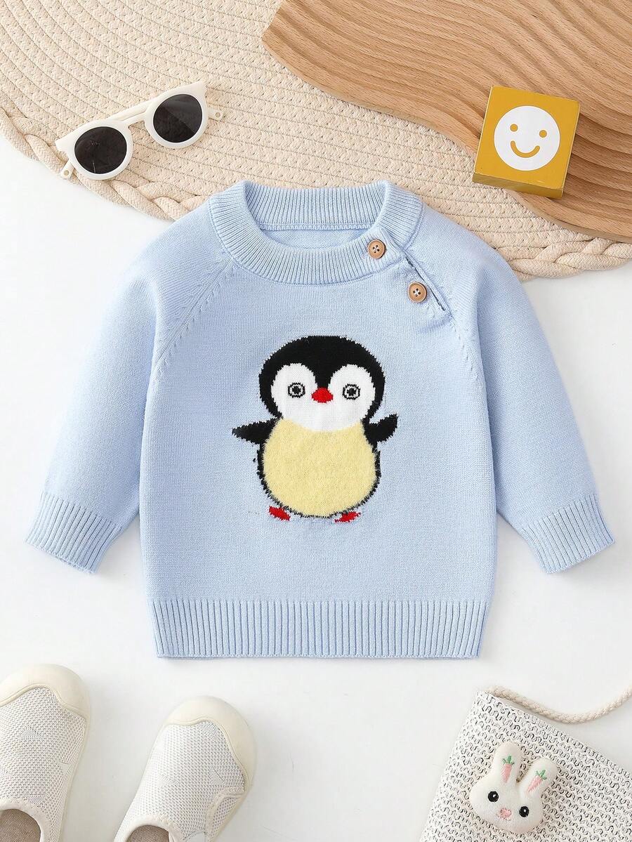 Baby Boy Penguin Pattern Raglan Sleeve Button Detail Sweater - Blue - View 1