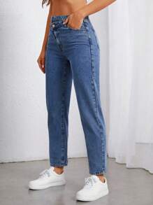 SHEIN Frenchy Stepped Waist Mom Fit Jeans - Medium Wash - View 3