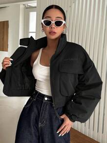 DAZY Letter Embroidery Flap Pocket Drop Shoulder Padded Coat,Ladies Winter Casual Pocket,Zipper Drop Shoulder Funnel Neck Loose Black Letter Women Winter Coats,Winter Warmth/ Winter Fashion ,Winter Women Clothes,Winter Coat Women Jacket - Black - View 3