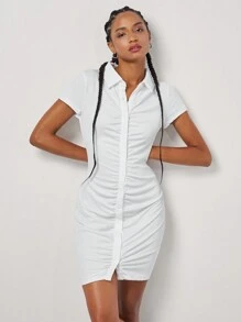 SHEIN EZwear Collared Buttoned Front Rib-Knit Dress - White - View 1