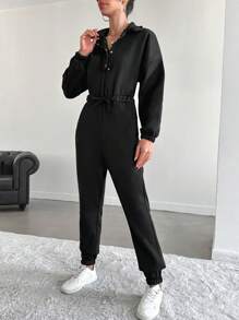 EURMUSE Solid Drop Shoulder Shirt Jumpsuit - Black - View 4