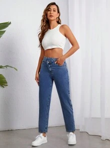 SHEIN Frenchy Stepped Waist Mom Fit Jeans - Medium Wash - View 1